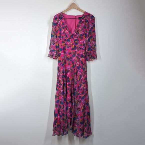 Saloni Edith Pink Floral V-Neck Midi Dress Silk Ruffle Size 0 Women's Preowned - Picture 5 of 15